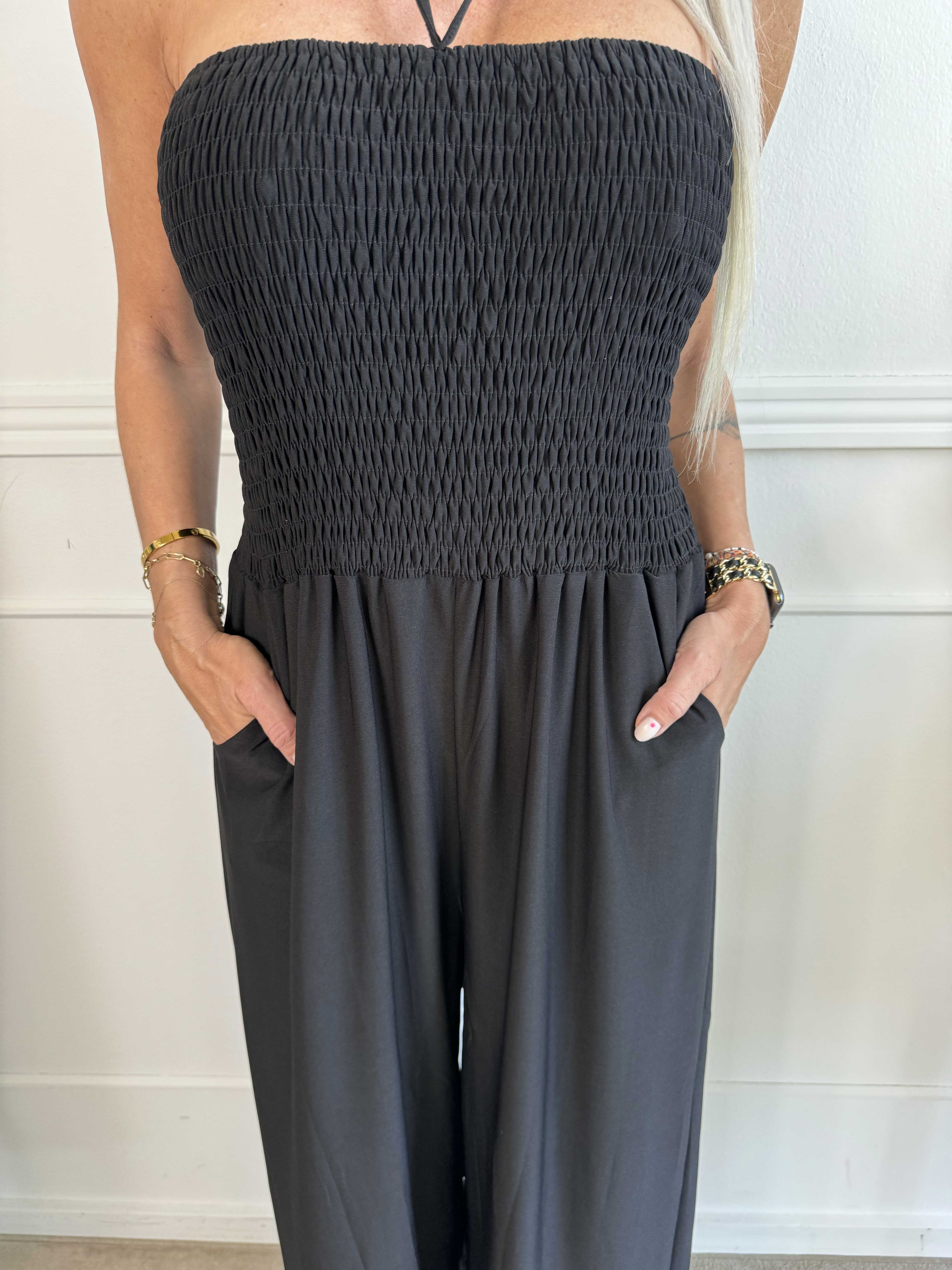 Pams Plain Tube Jumpsuit - Elastisk buksedragt med smock ved brystet